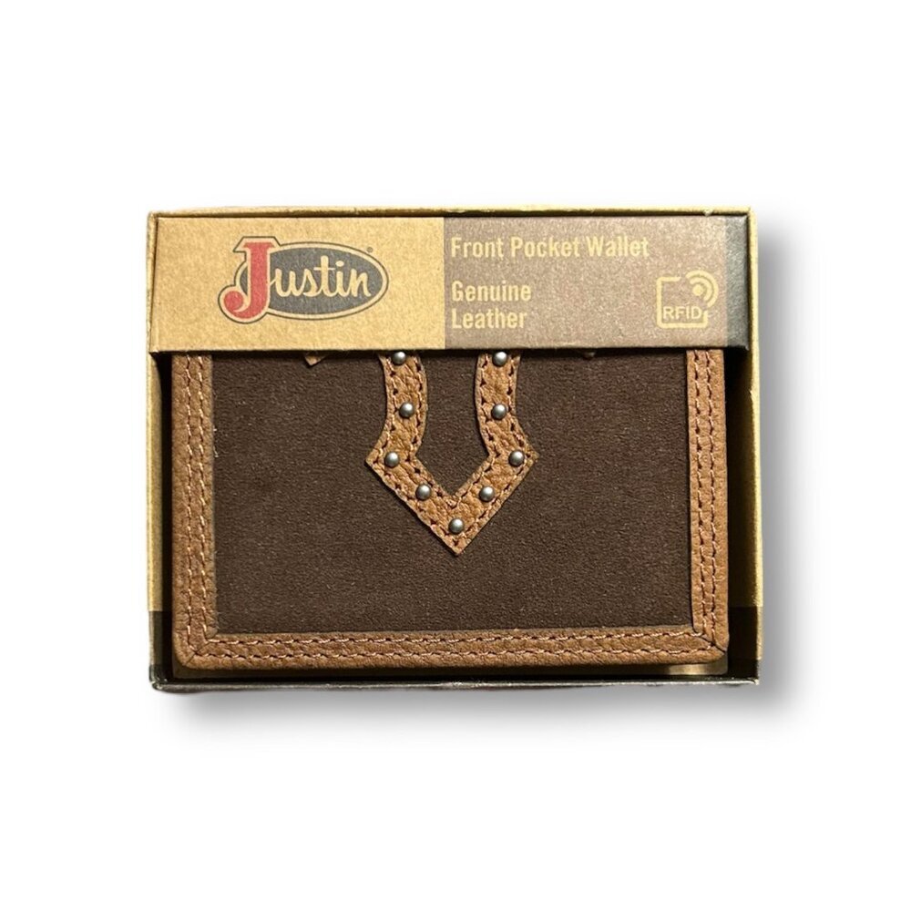 New Justin Brown Genuine Leather Suede RFID Front Pocket Wallet Western Rodeo